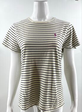 Ralph Lauren Sport Womens Top Sz XL White Navy Blue Striped Short Sleeve Cotton
